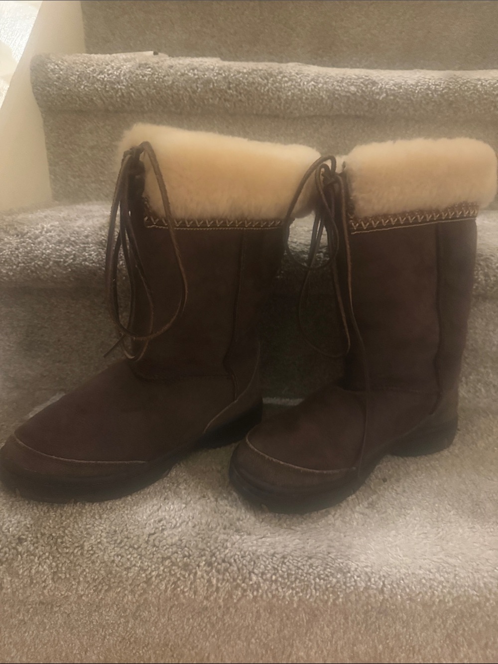 UGG Brown Suede Shearling-Lined Lace-Up Mid-Calf Boots
